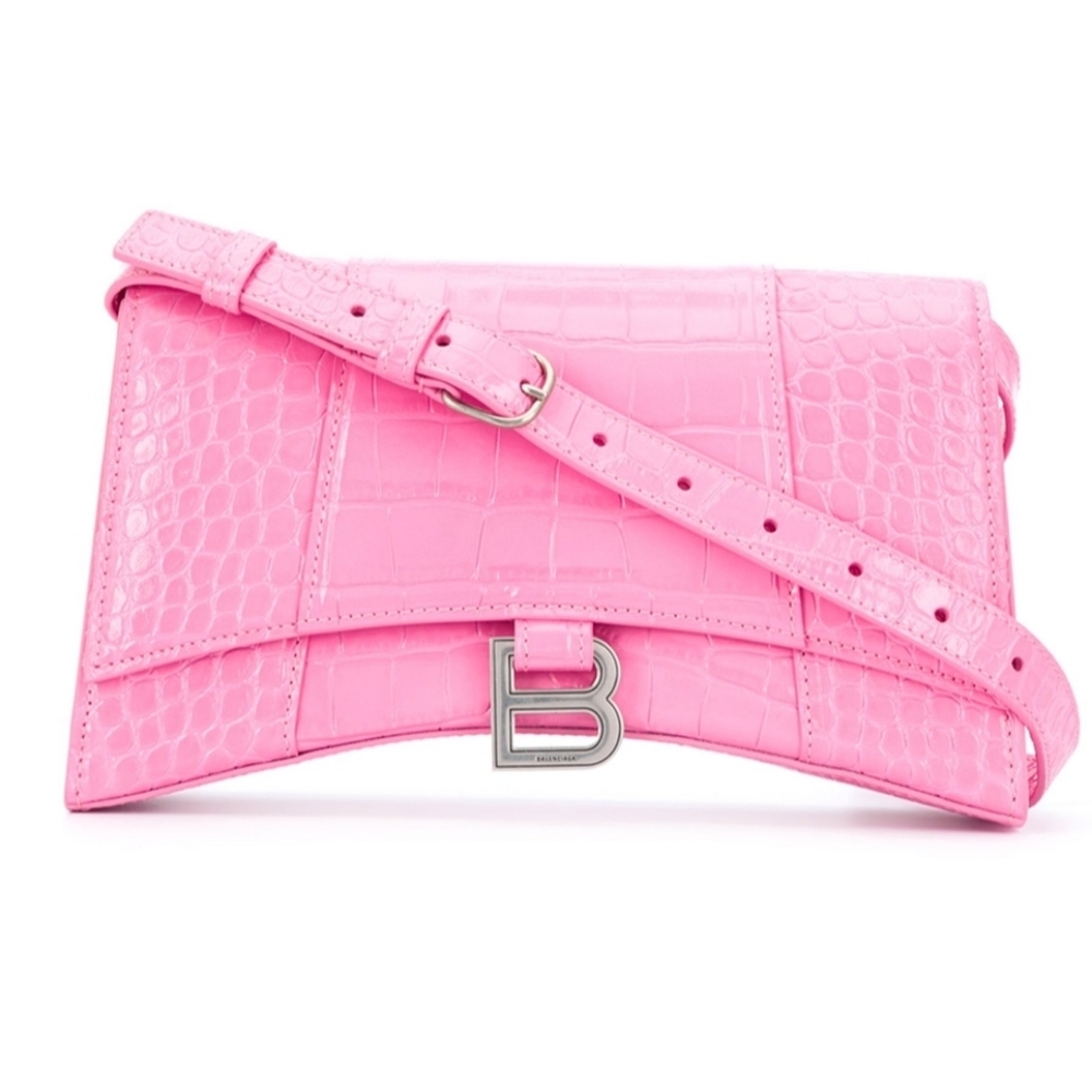 Balenciaga Hourglass Sling Shoulder Bag in Baby Pink Croc-Embossed Calf Leather